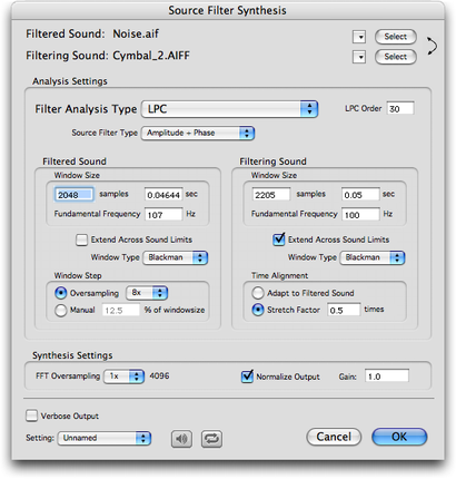 Panneau de réglage “Source Filter Synthesis”