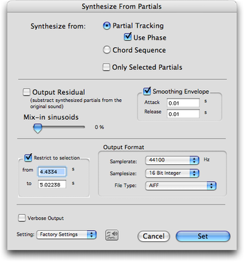 Panneau de réglage “Synthesize From Partials...”