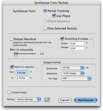 Panneau de réglage “Synthesize From Partials...”