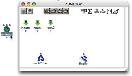 The OMLoop editor shows additional inputs, as well as a number of default internal components.