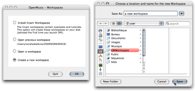 The OM dialogue windows allow to choose, create or install a workspace. For a first use, you can choose to install the Ircam workspaces. If you create a new workspace, it will be empty.
