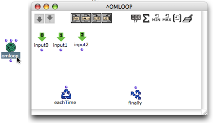 The OMLoop editor shows additional inputs, as well as a number of default internal components.