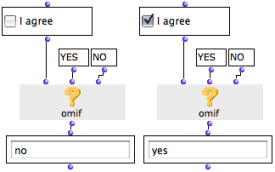 In the first case, the OMIF box returns the second argument, because the checkbox returns "nil". In the second case, it returns the first argument, because the checkbox returns "t".
