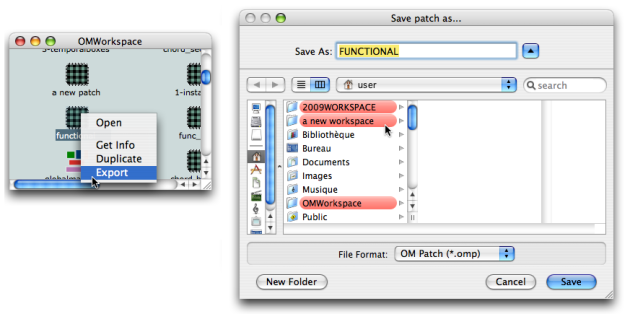 Exporting a folder from the OMWorkspace to another workspace.The relevant extension is always offered by the lower pop up menu of the dialogue window. It is added to the file name automatically.