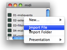 Importing a file to the Midi folder of the OMWorkspace using the contextual menu.